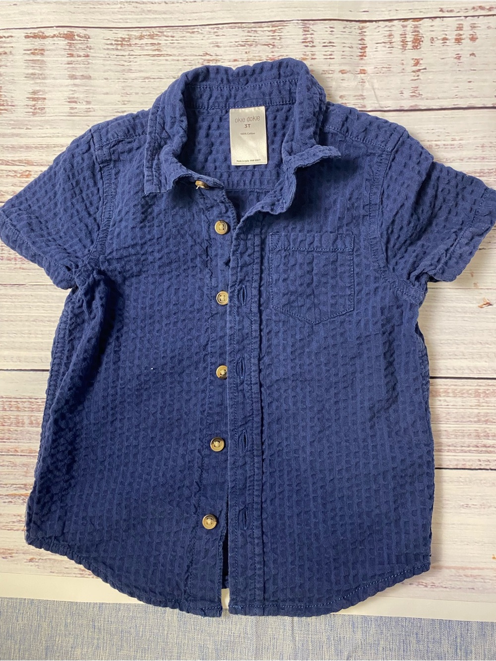 okie dokie Navy Textured Short Sleeve Button-Down Shirt Sz-3T